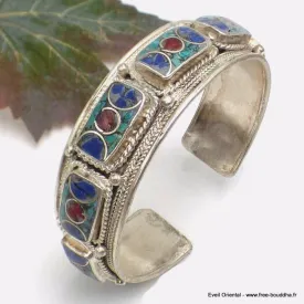 Bracelet tibétain jonc metal et pierres - Fait main - Népal - Bracelets tibétains bouddhistes