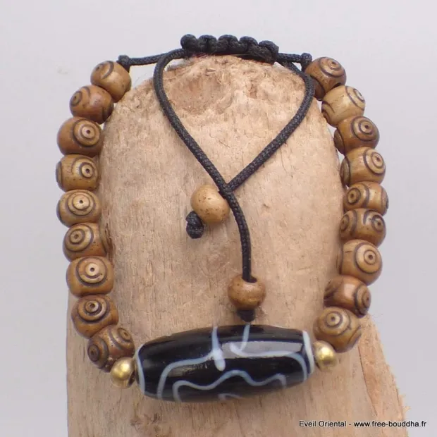 Bracelet tibétain Os sculpté et Dzi - Bracelets tibétains bouddhistes