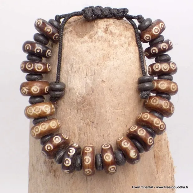 Bracelet tibétain Os de yak brun sculpté - Bracelets tibétains bouddhistes