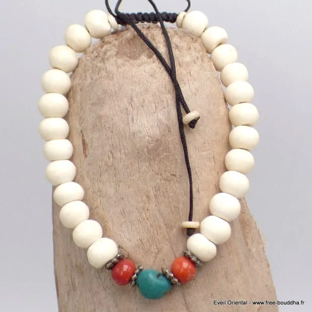 Bracelet tibétain mala Os de buffle et turquoise - Bracelets tibétains bouddhistes