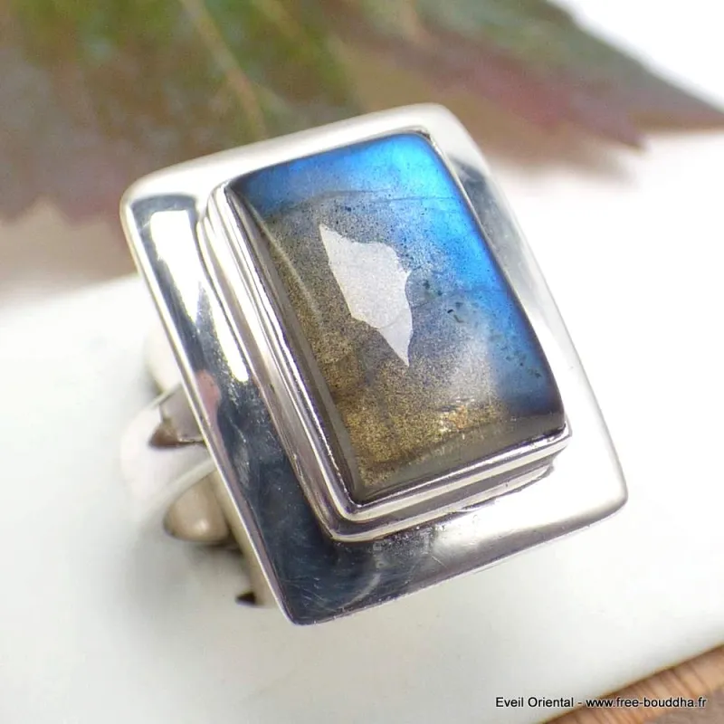 Bague Labradorite bleue rectangulaire taille 57 - Bijoux en Labradorite Bleue