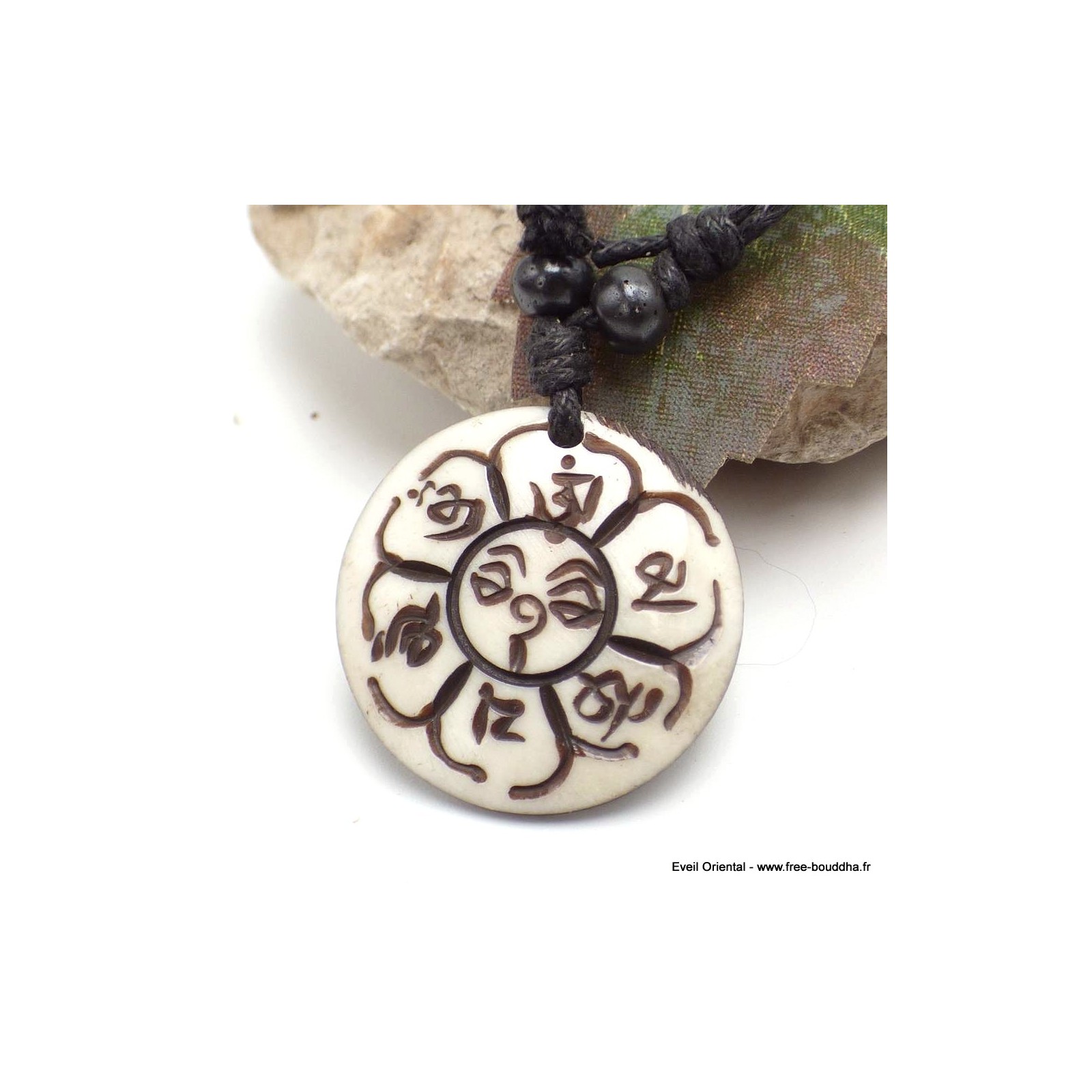 Pendentif Tibétain Om Sculpté – Perle En Bois Et Résine, Bouddhiste, Cordon Ajustable
