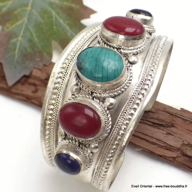 Gros Bracelet tibetain 5 pierres turquoise cornaline - Bracelets tibétains bouddhistes