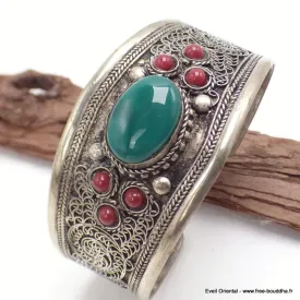 Bracelet tibétain Onyx vert pierres rouges - Bracelets tibétains bouddhistes