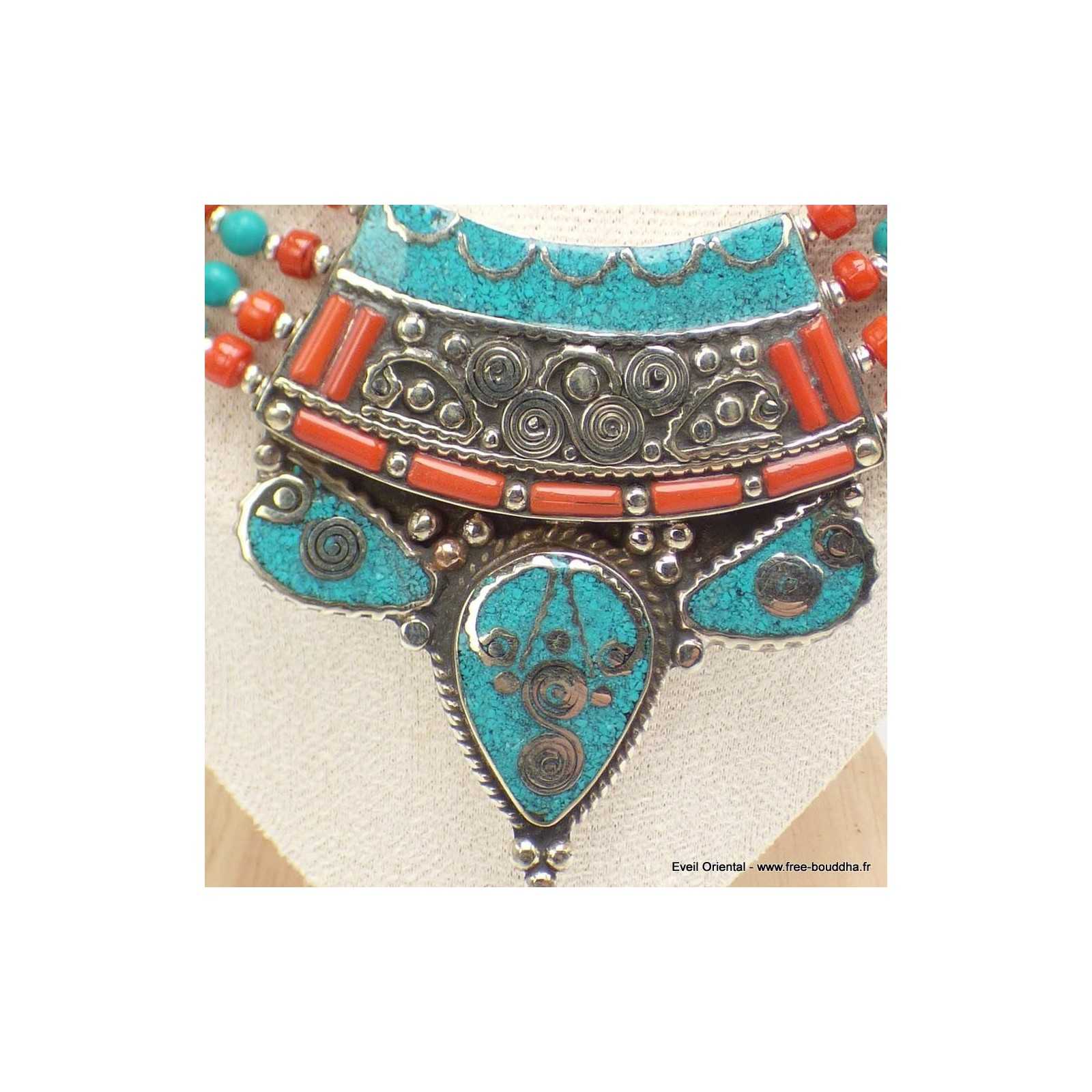 Collier Vintage Ethnique Népalais - Incrustations Turquoise - Artisanat