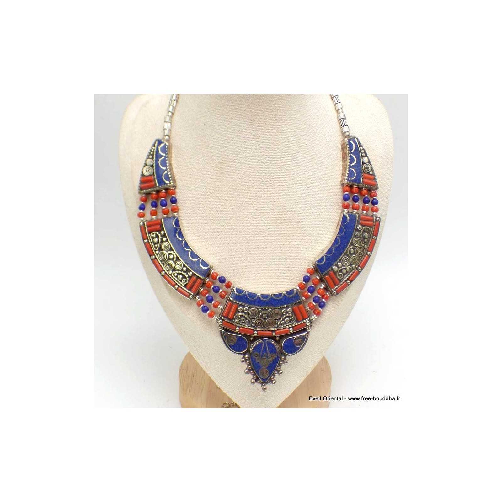Collier Long Style Tibétain En Argent & Verre Turquoise - Fantaisie Femme - Neuf Sans Boîte