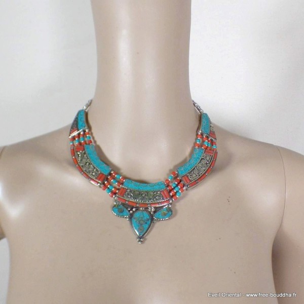 Collier traditionnel népalais turquoise corail Colliers tibétains et népalais COL26