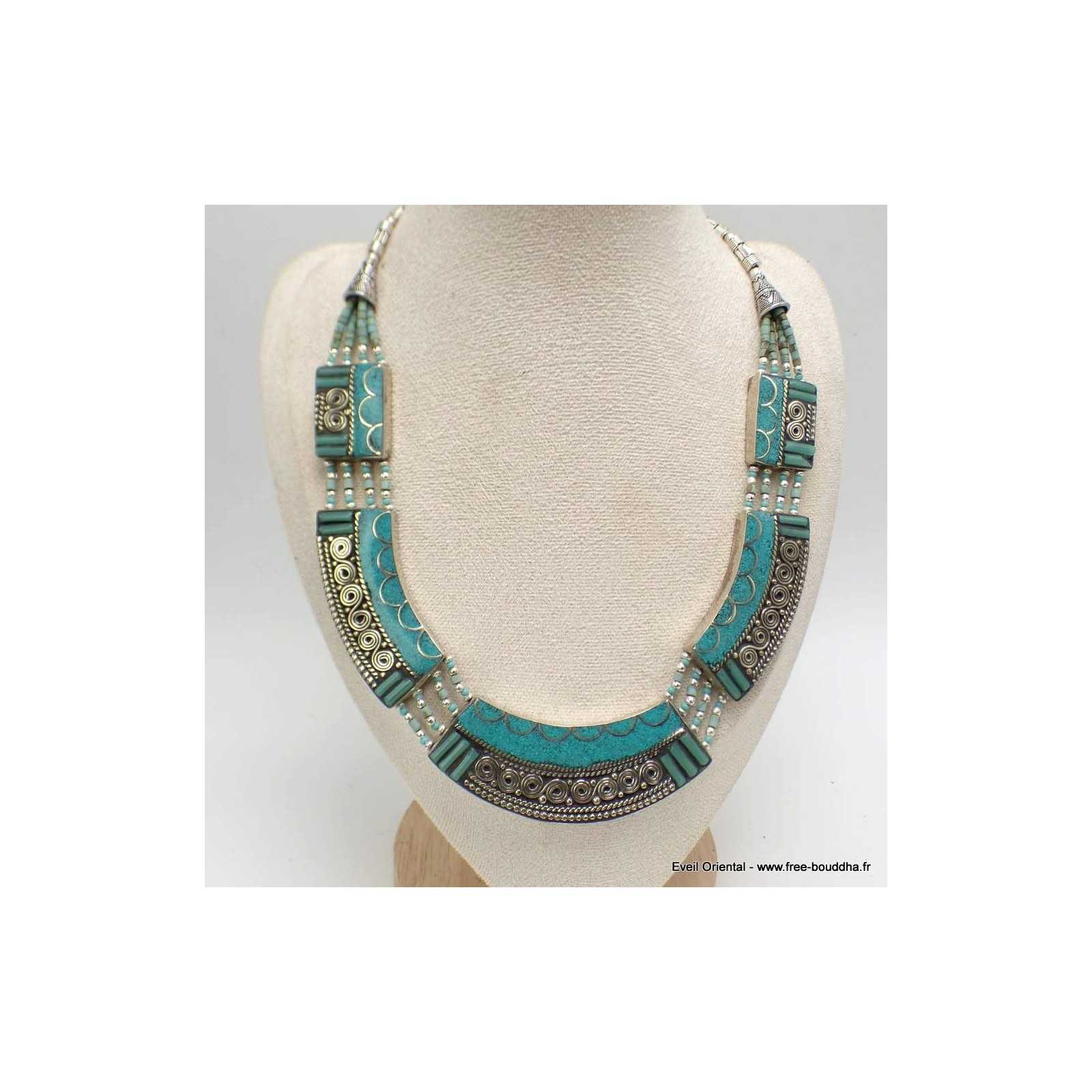 Collier Tibétain Ancien En Turquoises Et Taquets Cloisonnés - état Parfait (occasion)