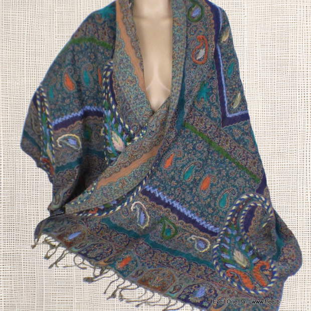 Châle laine brodée turquoise mauve Tous les pashminas HB2