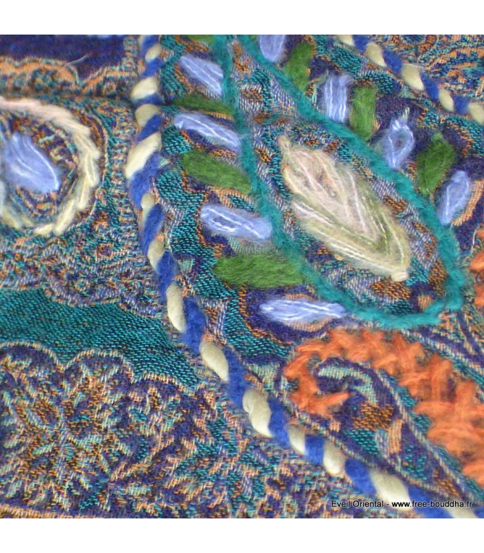 Châle laine brodée turquoise mauve Tous les pashminas HB2