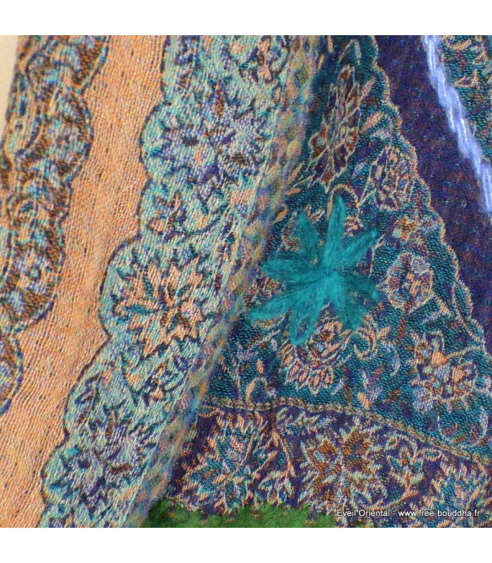 Châle laine brodée turquoise mauve Tous les pashminas HB2