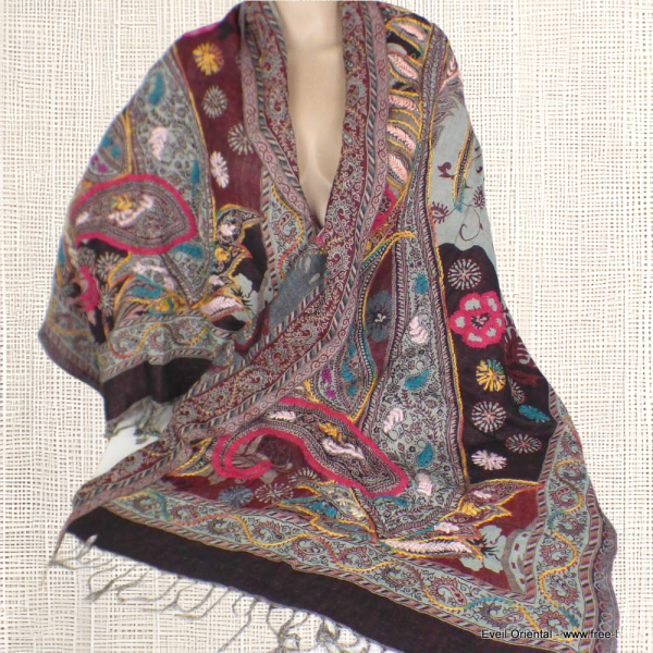 Châle oriental laine brodée marron multicolore Tous les pashminas HB4