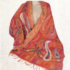 Châle oriental laine brodée rouge orange - Châles en laine faits main