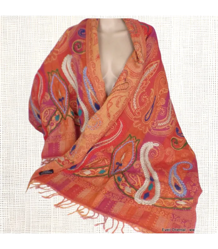 Châle oriental laine brodée rouge orange - Châles en laine faits main