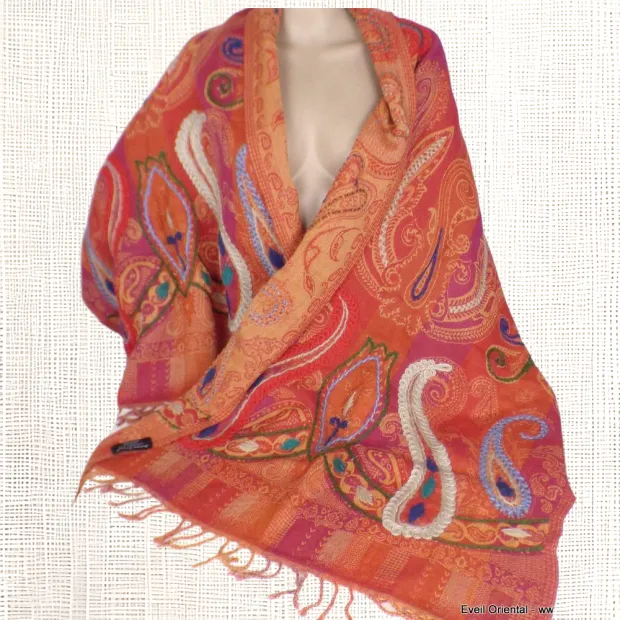 Châle oriental laine brodée rouge orange - Châles en laine faits main