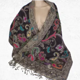 Châle pour femme marron turquoise - Châles en laine faits main