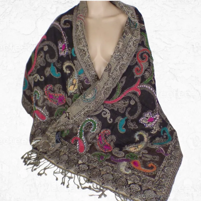 Châle pour femme marron turquoise - Châles en laine faits main