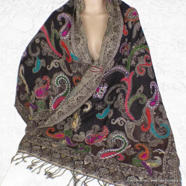 Châle pour femme marron noir multicolore - Châles en laine faits main