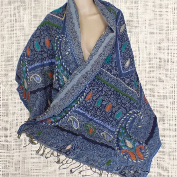 Châle pour femme laine bleu nuit - Châles en laine faits main