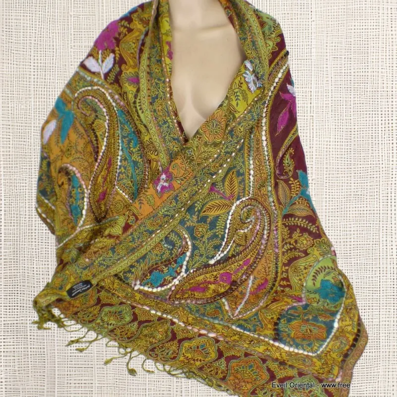 Châle pour femme laine bordeau vert - Châles en laine faits main