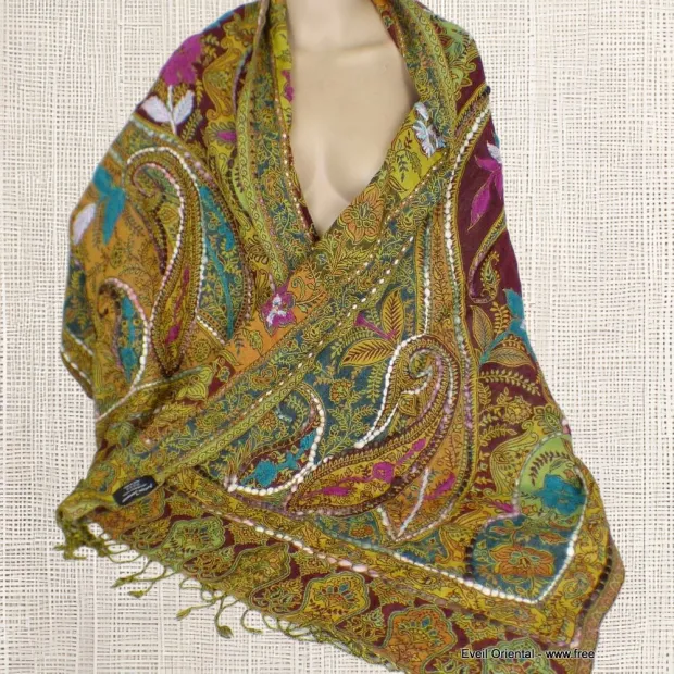 Châle pour femme laine bordeau vert - Châles en laine faits main