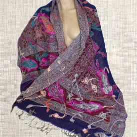 Châle pour femme laine bleu bordeau - Châles en laine faits main