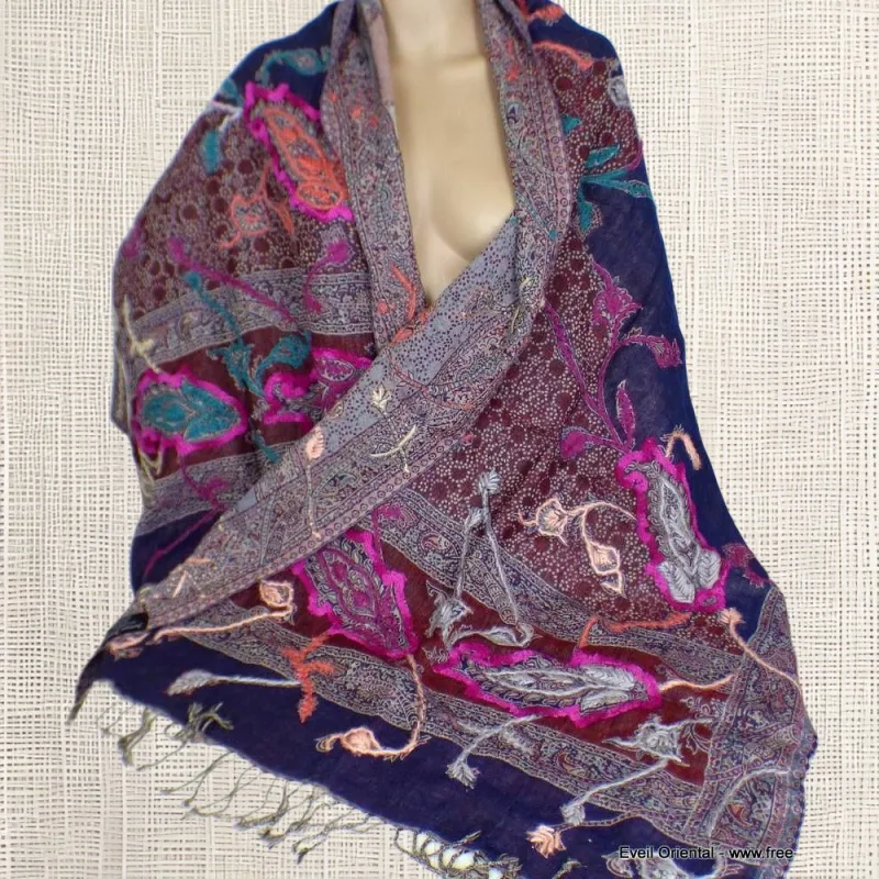 Châle pour femme laine bleu bordeau - Châles en laine faits main