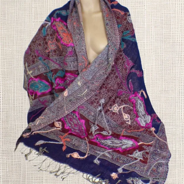 Châle pour femme laine bleu bordeau - Châles en laine faits main