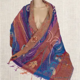 Châle pour femme laine ocre violet - Châles en laine faits main