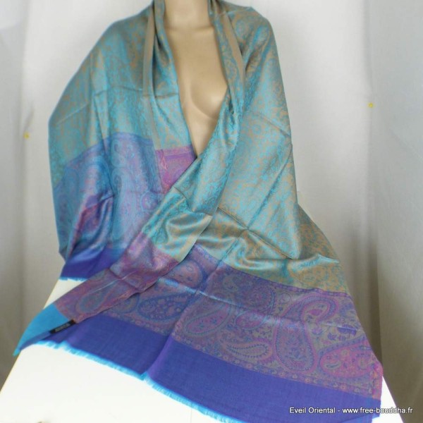 Châle bambou violet turquoise Pashminas pure soie CFB3