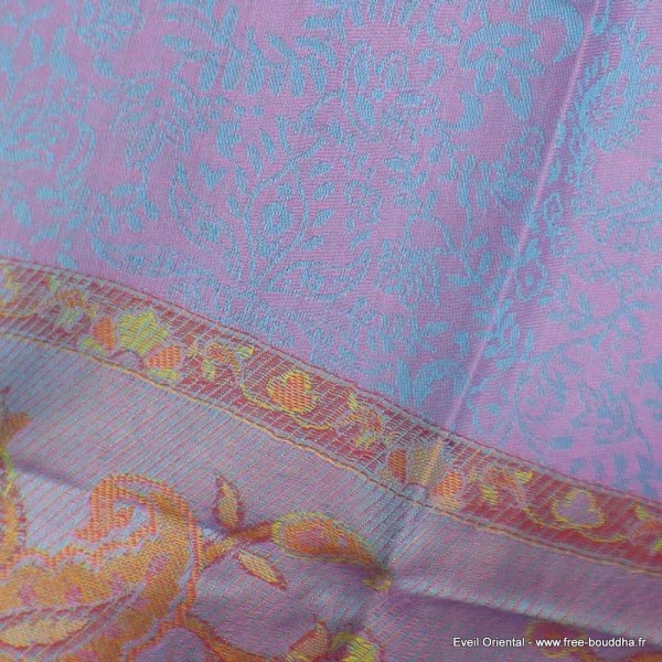 Châle bambou mauve turquoise motifs éléphants Pashminas pure soie CFB5