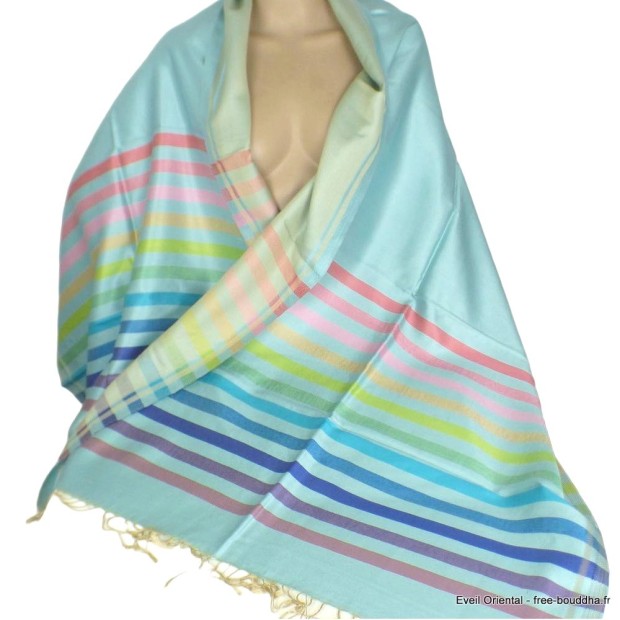Pashmina soie de mûrier vert à rayures Tous les pashminas CSS80