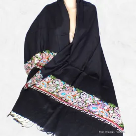 Pashmina noir brodé fils et perles - Châles en laine faits main