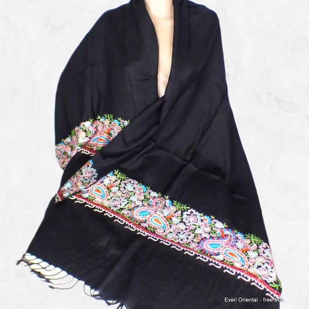 Pashmina noir brodé fils et perles - Châles en laine faits main