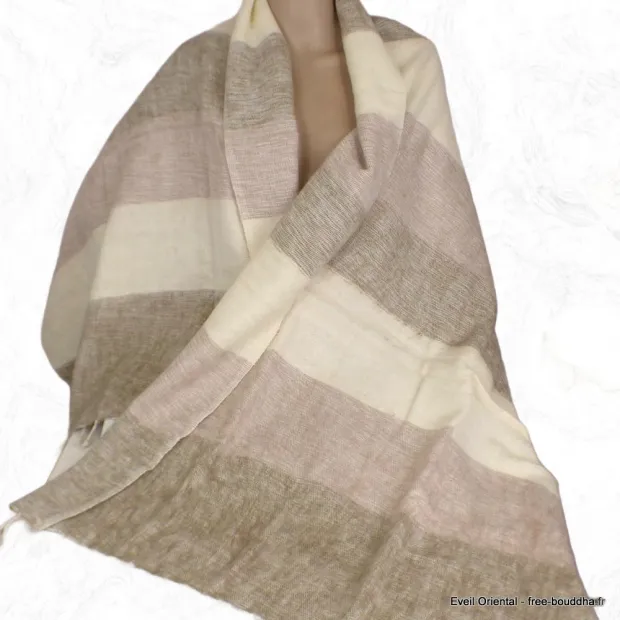 Châle nepalais rayures beige jaune - Châles laine de yak