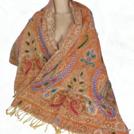 Châle oriental orange rouille laine brodée - Châles en laine faits main