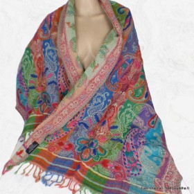 Châle laine brodée rayures multicolores Tous les pashminas HB37