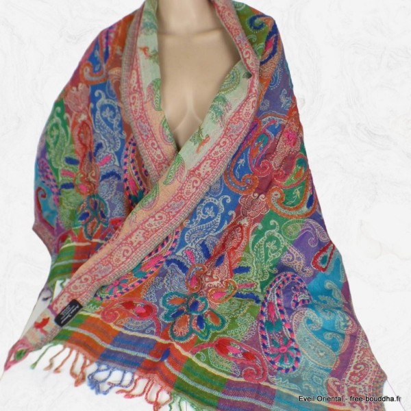 Châle laine brodée rayures multicolores Tous les pashminas HB37