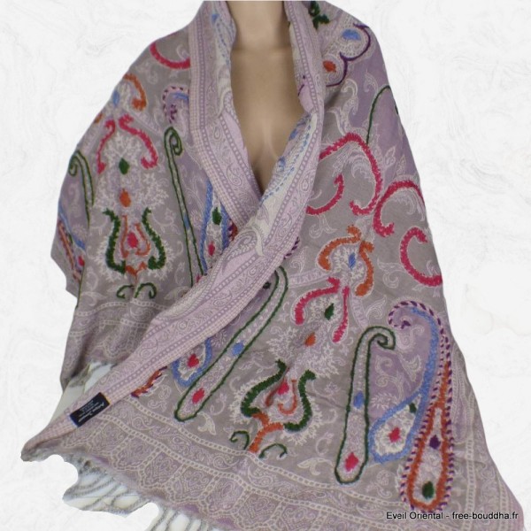 Châle laine brodée taupe parme Tous les pashminas HB39