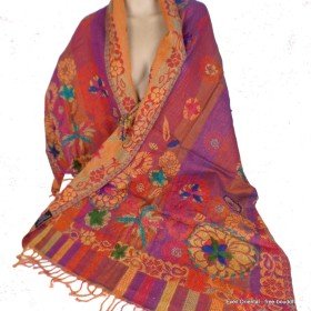 Châle rose fuschia orange laine brodée Tous les pashminas HB42