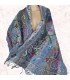 Châle bleu jeans laine brodée Tous les pashminas HB44