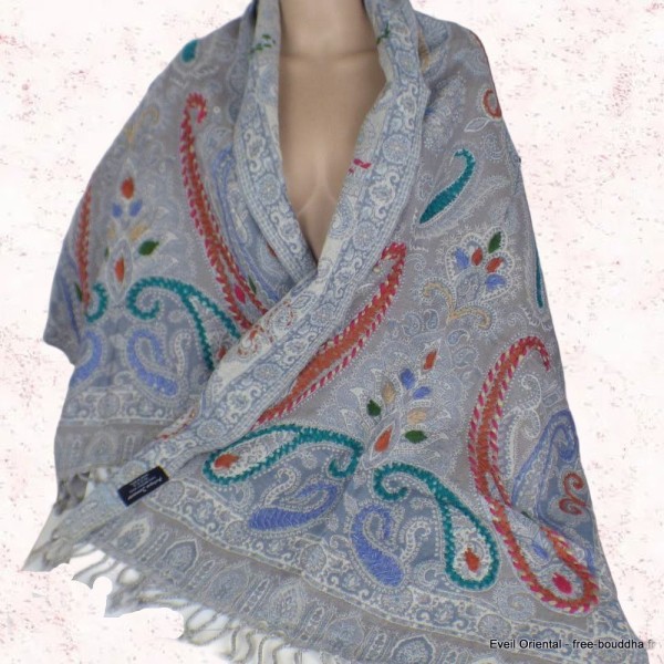 Châle gris bleuté brodé main Tous les pashminas HB45