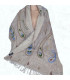 Châle laine taupe bleu brodé Tous les pashminas HB41