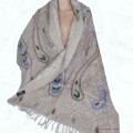 Châle laine taupe bleu brodé Tous les pashminas HB41