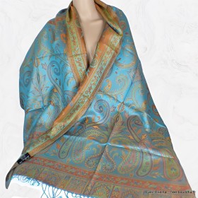 Châle turquoise rouille soie naturelle Tous les pashminas CSS92