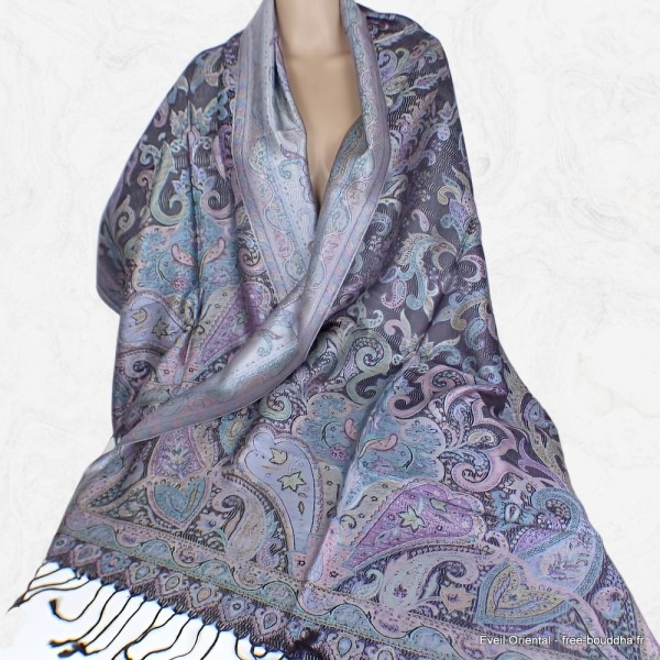 Châle soie noir mauve Tous les pashminas CSS96