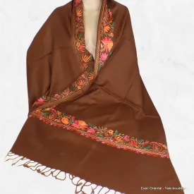 Châle femme laine marron chocolat brodé fil - Châles en laine faits main