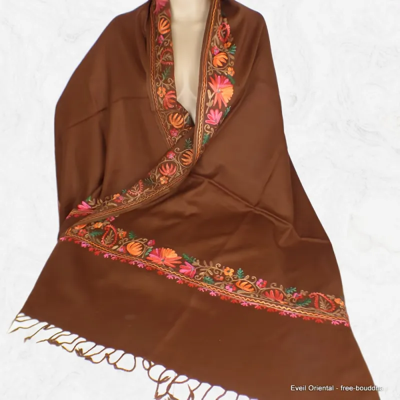 Châle femme laine marron chocolat brodé fil - Châles en laine faits main