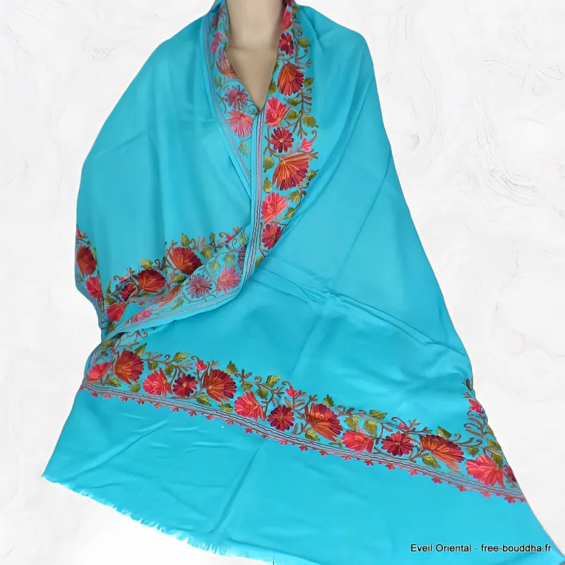Châle turquoise en laine fine brodée - Châles en laine faits main