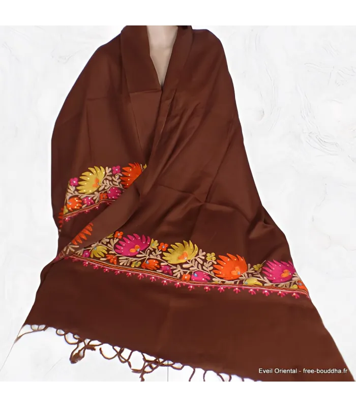 Châle en laine marron pour femme brodé perles - Châles en laine faits main